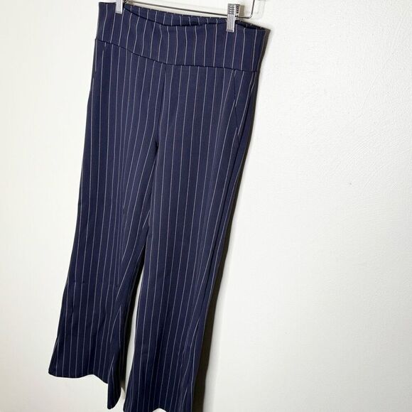 Betabrand Vertical Pin Stripe Pull On Yoga Career Wide Leg Navy Blue Pants - US - Picture 4 of 8